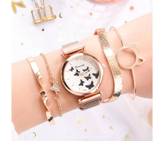 Ladies Butterfly Watch Set by Rinnandy Rose Gold with 4 Bracelets | JPN1501