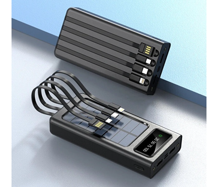 Airmez 30000mAh Solar High-Capacity Power Bank with 4 Built-in Cables (Micro USB, USB-C, iPhone, USB-A) | JPO5228
