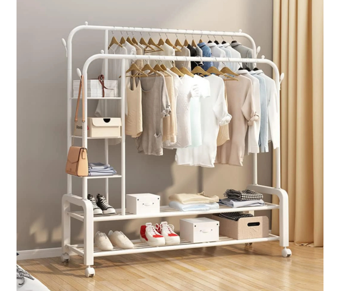 Double Pole Multifunctional 58Kg Double Layer Clothes Hanger Rack with Wheels and Storage | JPO7215