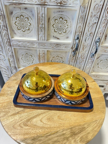 NAQSH GALLERY | Set Of Wooden Bowls, Tray With Golden Lids | 10000083