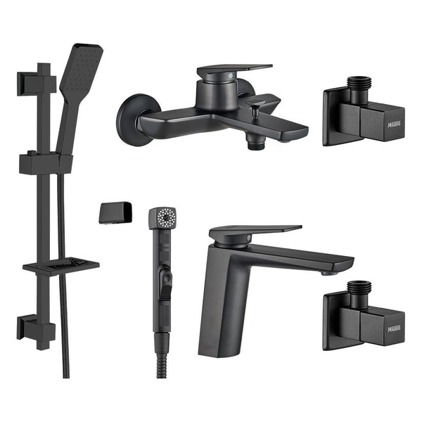 MILANO | Yana Collection 6 Pcs Set Ot Basin Bath Shattaf 2Pc Angle Valve Kit Matt Black | 140100600190