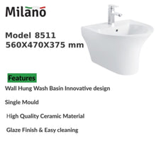 MILANO | Wall Hung Wash Basin Single Mould 8511 - 565x470X380mm- White Round | 140500200812