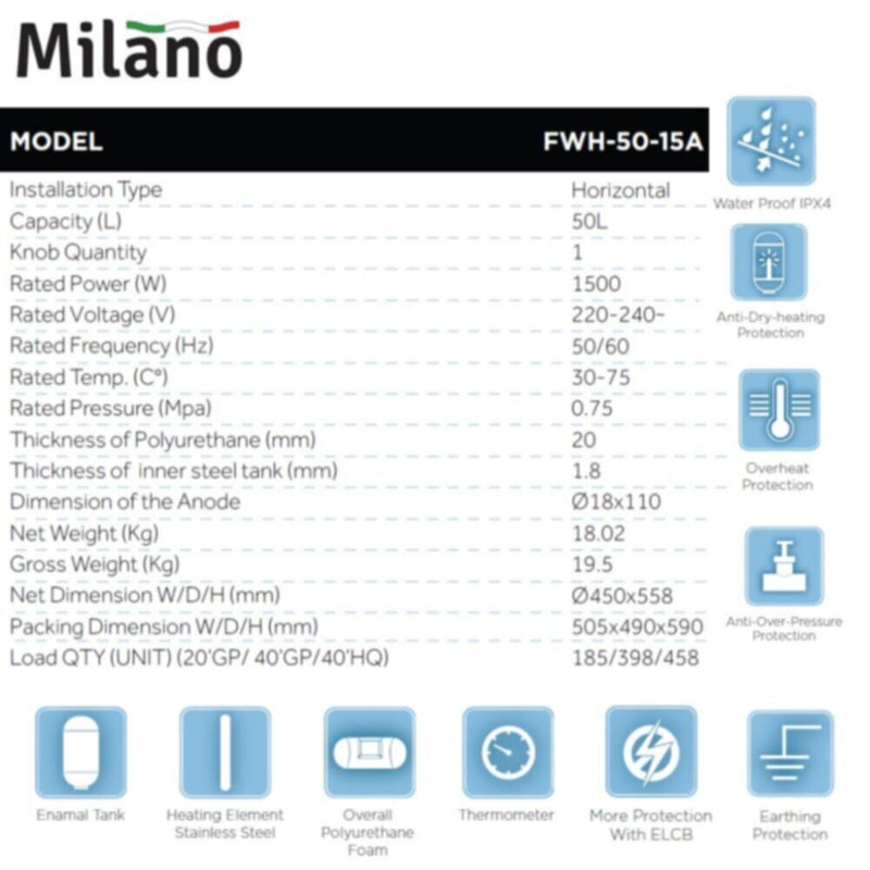 MILANO | Electric Water Heater Horizontal -50Ltr | 140900200030