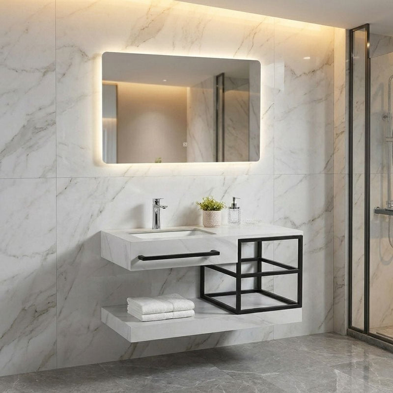 MILANO | Sintered Stone Vanity Cabinet with Mirror Wall Mounted Bathroom Sink Unit with Durable Stone Top Sleek Design & Storage Drawers L100 x W50 x H15 cm | 142400101284