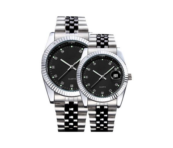 Galaxy Ocean Eagle Time Stainless Steel Date and Water Resistance Couple Watch Set - Silver and Black | JPM0492
