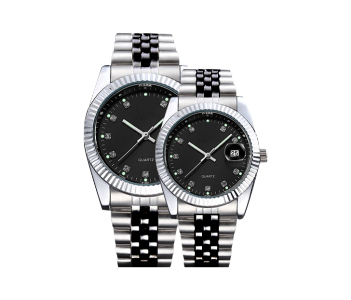 Galaxy Ocean Eagle Time Stainless Steel Date and Water Resistance Couple Watch Set - Silver and Black | JPM0492