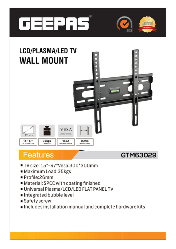 GEEPAS | LCD/ PLASMA/ LED TV Wall Mount, 15-47" TV Size | GTM63029
