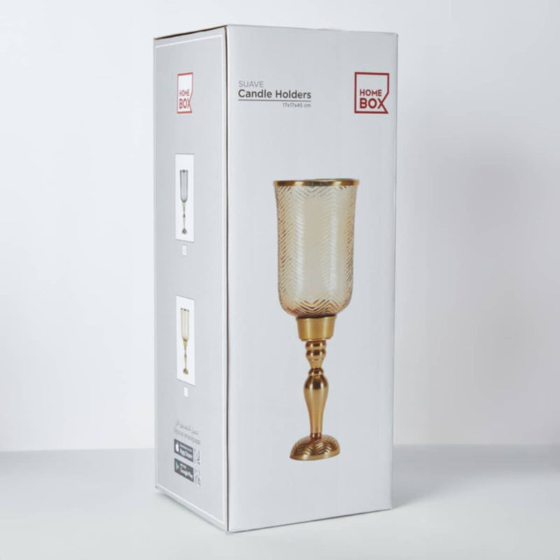 HOMEBOX | Suave Textured Hurricane Glass with Nickel Metal Base - 17x17x45 cm | 165669986