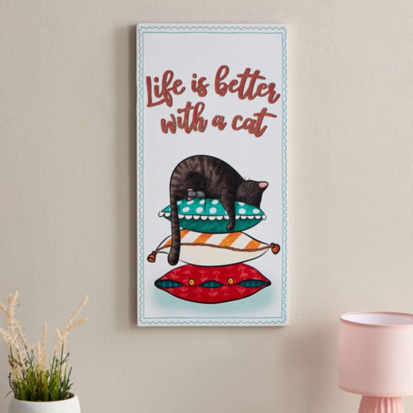 HOMEBOX | Hermione Artistry Life Is Better with Cat Canvas Wall Art - 30x60x1.8 cm | 165991549