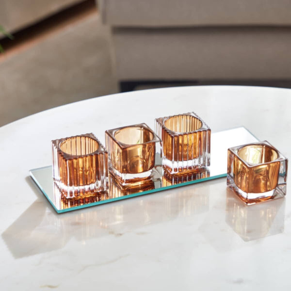 HOMEBOX | Blenko 4-Piece Tealight Holder Set with Mirror Glass Tray - 28x11x6 cm | 166029493