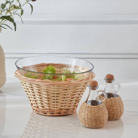 HOMEBOX | Minimalist 3-Piece Glass Serving Bowl Set with Oil Bottle | 166087220