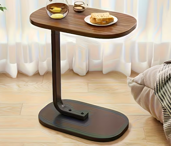 Modern C Shaped Sofa Side Table Compact Wood and Iron Coffee Table for Living Room Bedroom Balcony RV Decor | JPO4329