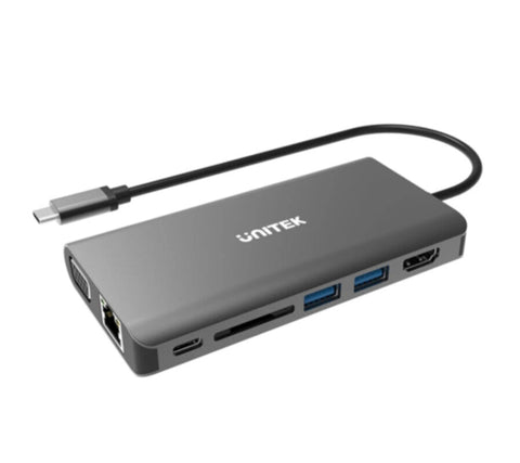 UNITEK | USB3.1 Type-C Aluminium Multi-Port Hub with Power Delivery (2-Port USB3.0 + HDMI + VGA + SD + Audio + Gigabit Ethernet + USB-C PD/Data) | D1019A