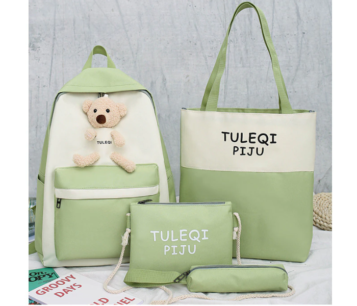 4 Pieces Fashion Cute Bear Canvas Shoulder School Bag for Teenage Girls - Green | JPK5279