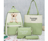4 Pieces Fashion Cute Bear Canvas Shoulder School Bag for Teenage Girls - Green | JPK5279