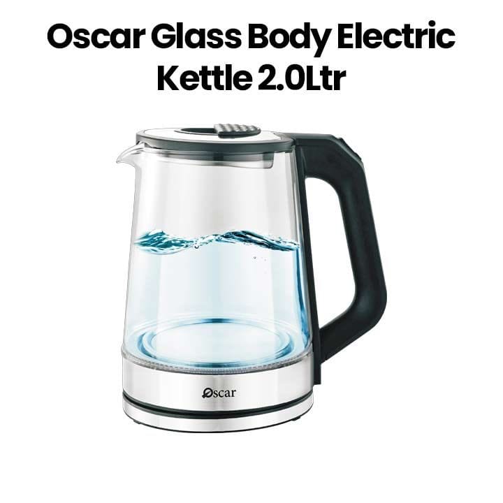 OSCAR | Glass Body Electric Kettle 2Ltrs Fast Boiling 1500W Power Automatic Shut Off Boil Dry Protection Cool Touch Handle Silver Black | OKT20LSGL