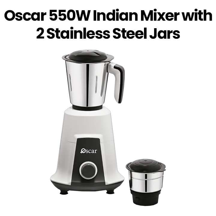 OSCAR | Indian Mixer 550W 2 Stainless Steel Jars Multi-Purpose Use Durable Construction Safety Lock System Stable Operation Black White | OMG550INDK1