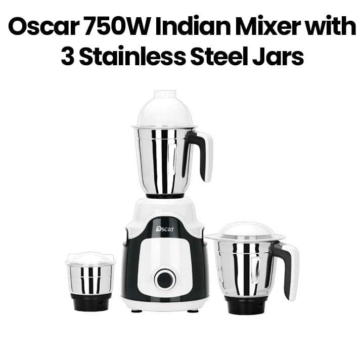OSCAR | Indian Mixer 750W 2 Stainless Steel Jars Multi-Purpose Use Durable Construction Safety Lock System Stable Operation Black White | OMG750INDK1