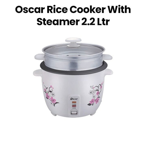 OSCAR | Rice Cooker With Steamer Teflon And Glass Lid 2.2Ltrs Steamer Basket Included Teflon Coated Non Stick Inner Pot White | ORC22WS