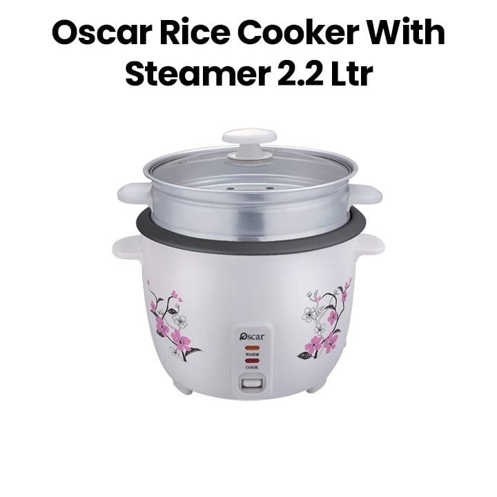 OSCAR | Rice Cooker With Steamer Teflon And Glass Lid 2.2Ltrs Steamer Basket Included Teflon Coated Non Stick Inner Pot White | ORC22WS