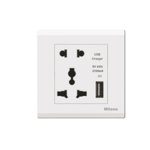 MILANO | 16A Universal Socket(2Pin+3Pin) With 2.1A U-White | 210100300317