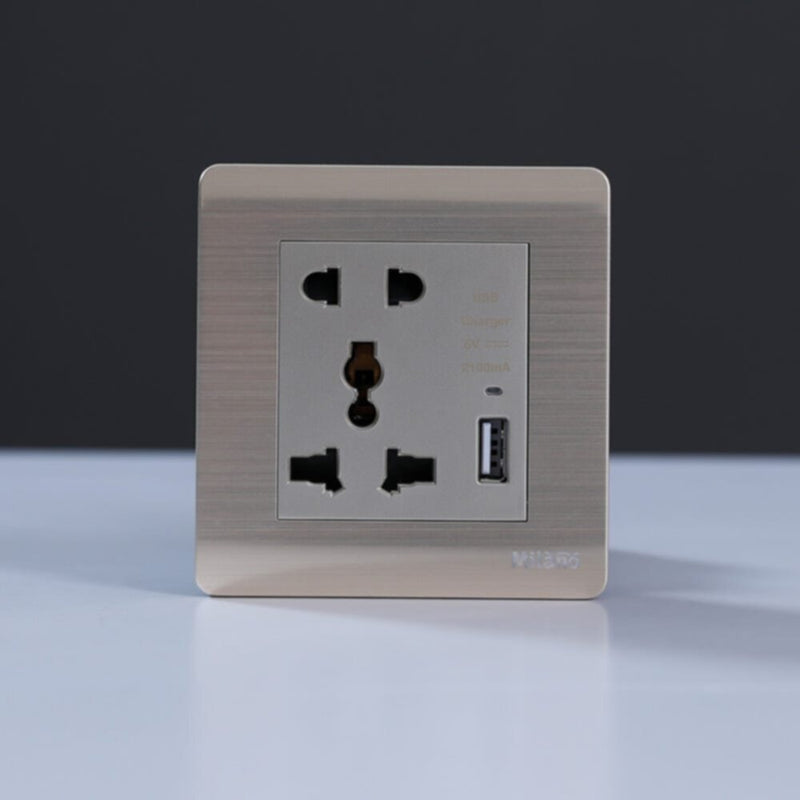 MILANO | 16A Universal Socket(2Pin+3Pin) With 2.1A U-Gold | 210100300318