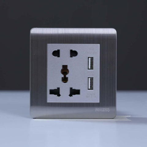 MILANO | 16A Universal Socket(2Pin+3Pin) With 2.1A U-Silver | 210100300319