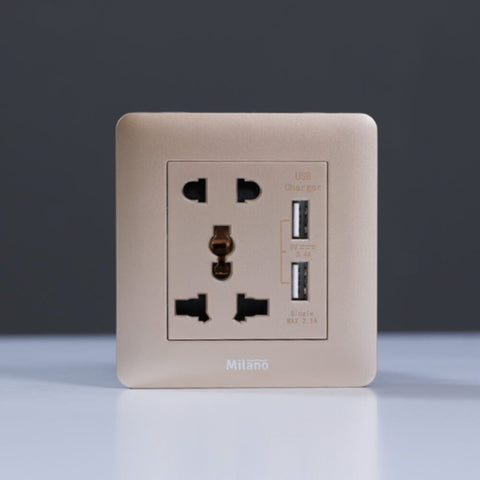 MILANO | 2 Pin & 3 Pin Universal Socket With 2.1A Us-Gold | 210100300349