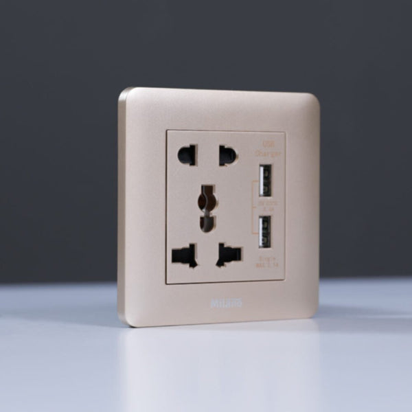 MILANO | 2 Pin & 3 Pin Universal Socket With 2.1A Us-Gold | 210100300349