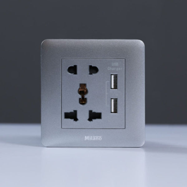 MILANO | 2 Pin & 3 Pin Universal Socket With 2.1A Us-Silver | 210100300379
