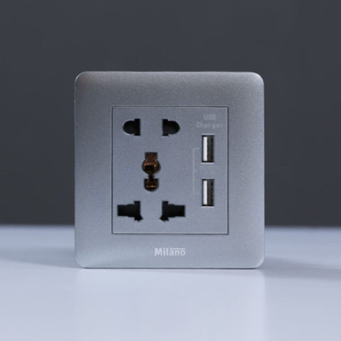 MILANO | 2 Pin & 3 Pin Universal Socket With 2.1A Us-Silver | 210100300379