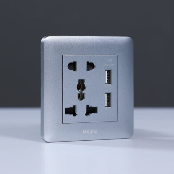 MILANO | 2 Pin & 3 Pin Universal Socket With 2.1A Us-Silver | 210100300379