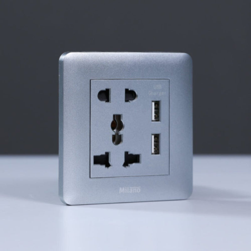 MILANO | 2 Pin & 3 Pin Universal Socket With 2.1A Us-Silver | 210100300379