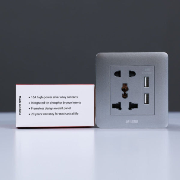MILANO | 2 Pin & 3 Pin Universal Socket With 2.1A Us-Silver | 210100300379