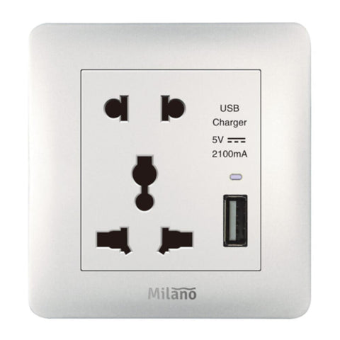 MILANO | 2 Pin & 3 Pin Universal Socket With 2.1A Us-White | 210100300409