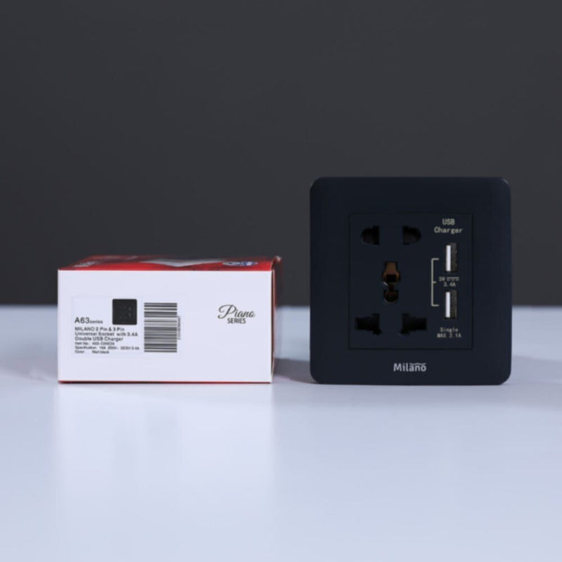 MILANO | 16A Single Universal Socket With Dual Usb | 210100300467