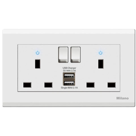 MILANO | 13A 2 Gang Socket With Neon With Usb Mpw | 210802900002