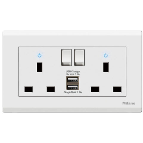 MILANO | 13A 2 Gang Socket With Neon With Usb Mpw | 210802900002