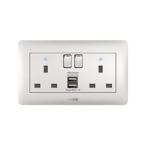 MILANO | 13A Twin Switched Socket Neon With Usb Wh | 210802900004