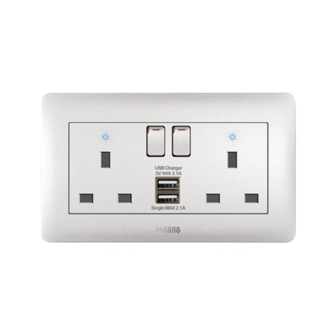 MILANO | 13A Twin Switched Socket Neon With Usb Wh | 210802900004