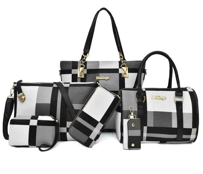 PU Leather 6 Pcs Check Pattern Composite Shoulder Crossbody Bag for Women - Black | JPF0585