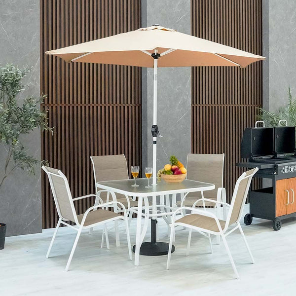 DANUBE | Eve 1 + 4 Seater Textilene Dining Set with Umbrella White Khaki | 231202707901