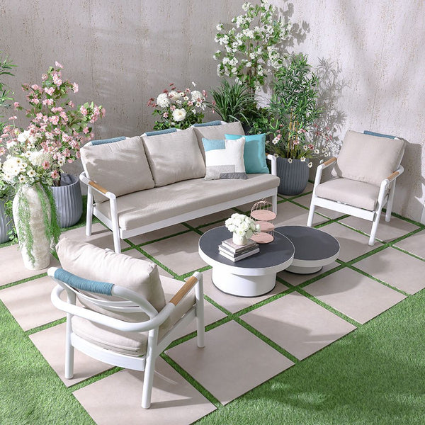 DANUBE | Genova 5 Seater Aluminum Sofa Set with 2 Tables Beige White | 231202709406