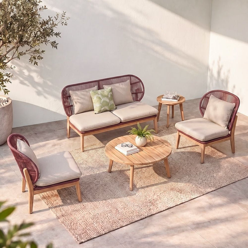 DANUBE | Cherry 4-Seater Sofa Set + 2 Coffee Tables-Cherry/Brown Multi Color | 231202709817