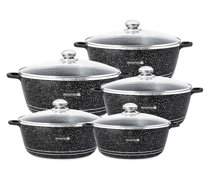 ROYALFORD | 10 Pc Die-cast Aluminium Saucepan Set With Tempered Glass Lids Grey | RF9699