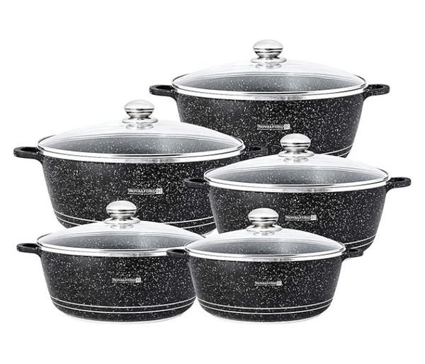 ROYALFORD | 10 Pc Die-cast Aluminium Saucepan Set With Tempered Glass Lids Grey | RF9699