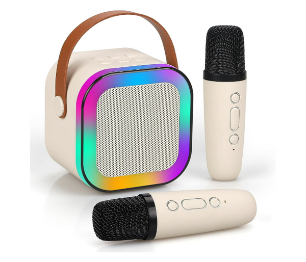K12 Dual Microphone Karaoke Bluetooth Speaker RGB Light Two 5W Speakers Sound Subwoofer Boombox Support Multiple Input Modes, White | JPO2762
