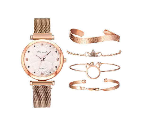Luxury Magnet Buckle Flower Rhinestone Ladies Quartz Wrist Watch with 4 Pcs Bracelet Set - Gold | JPN3101