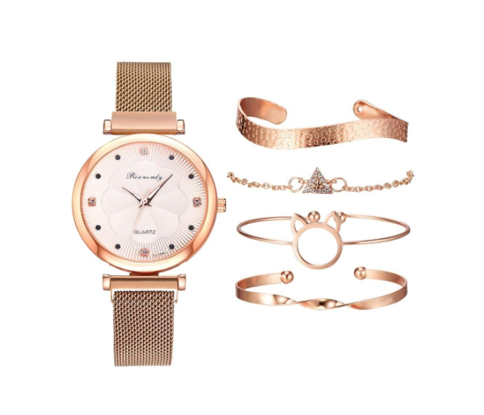 Luxury Magnet Buckle Flower Rhinestone Ladies Quartz Wrist Watch with 4 Pcs Bracelet Set - Gold | JPN3101