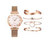 Luxury Magnet Buckle Flower Rhinestone Ladies Quartz Wrist Watch with 4 Pcs Bracelet Set - Gold | JPN3101